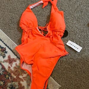 PacSun Neon Coral Halter One-Piece Swimsuit